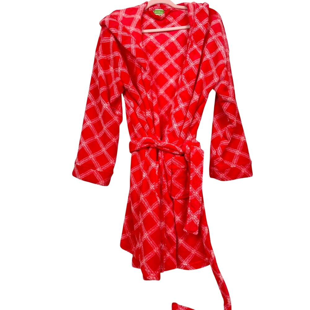 Vera Bradley Womens S/M Red White Plaid Plush Hooded Robe Cozy Sleepwear
